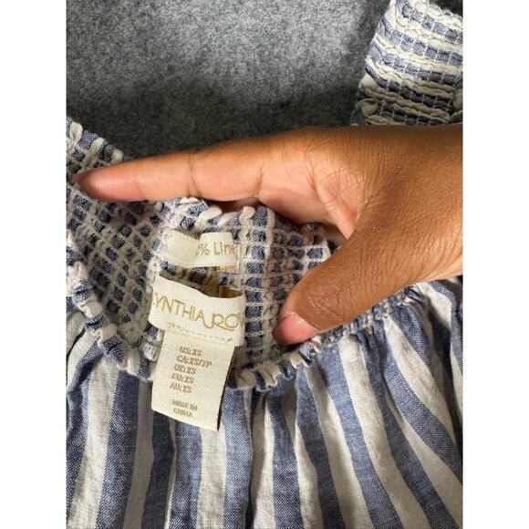 Cynthia Rowley Dress Women XS Blue‎ Striped Off The Shoulder Smocked Mini Linen - Picture 2 of 6